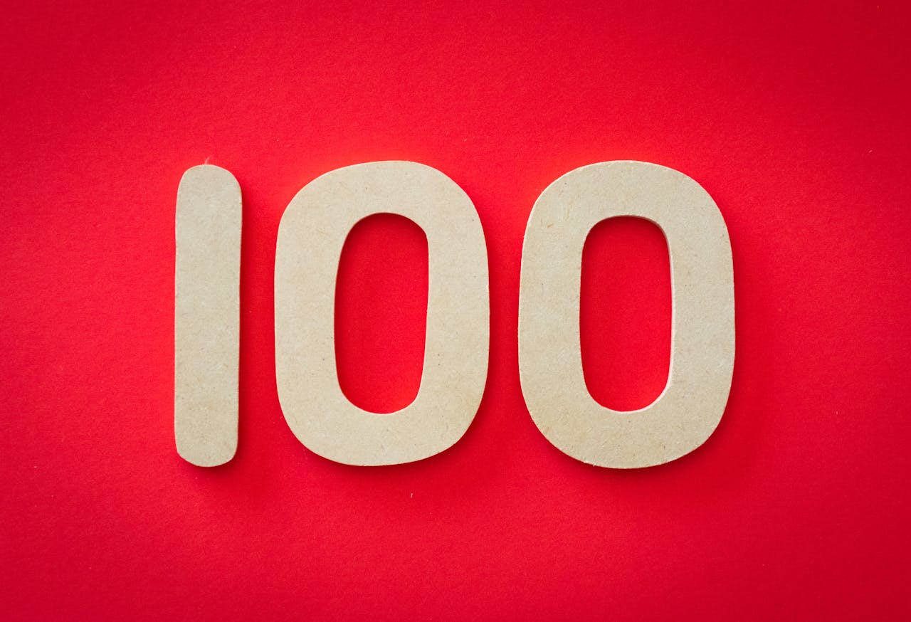 Red background with 100 text overlay | Source: Pexels
